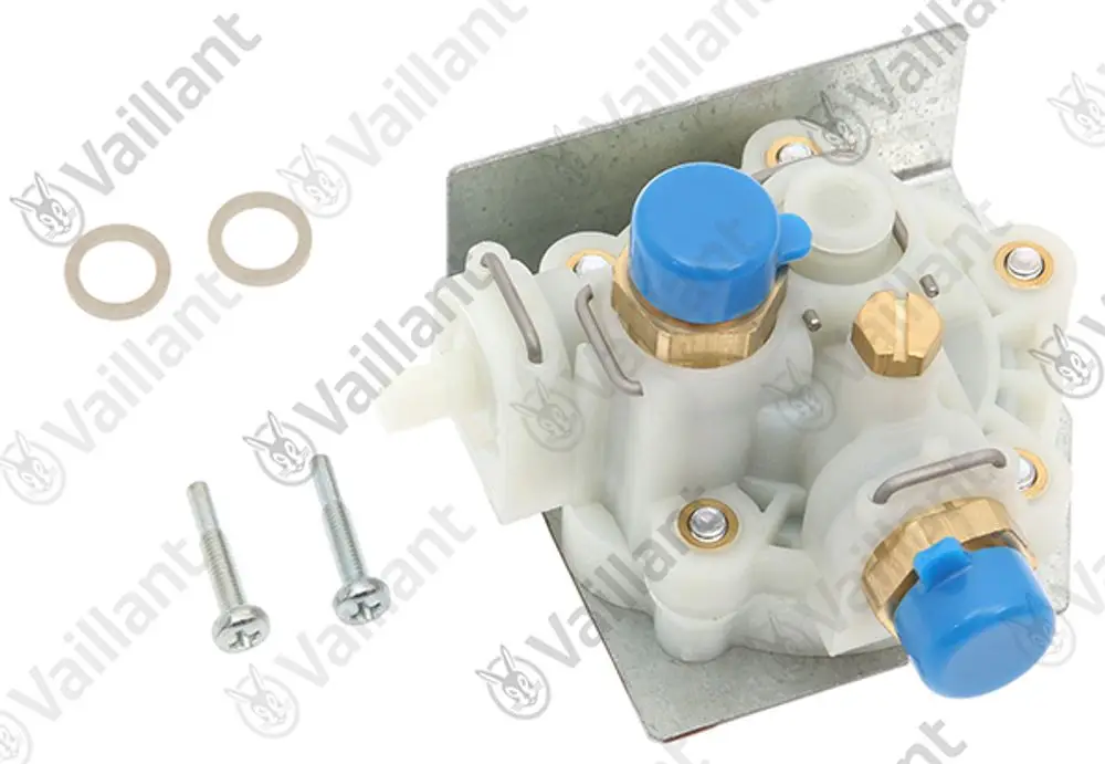 Vaillant Wasserschalter mit zwei blauen Knöpfen, Metallplatte und Schrauben, umgeben von zwei Dichtungen.